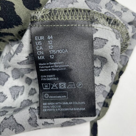 H&M Divided Khaki Green Leopard Print Button Up Tie Waist Mini Dress Sz 12 - Picture 11 of 12